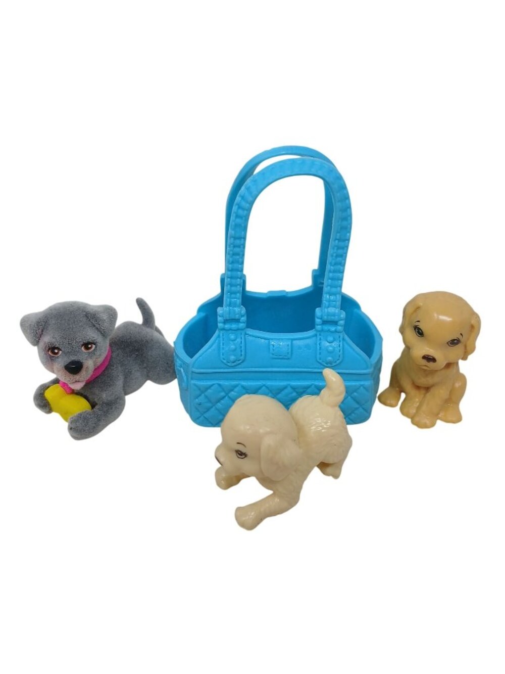 3 Barbie Puppy Dog Figurines With Blue Toy Tote Carrier Purse #J-12